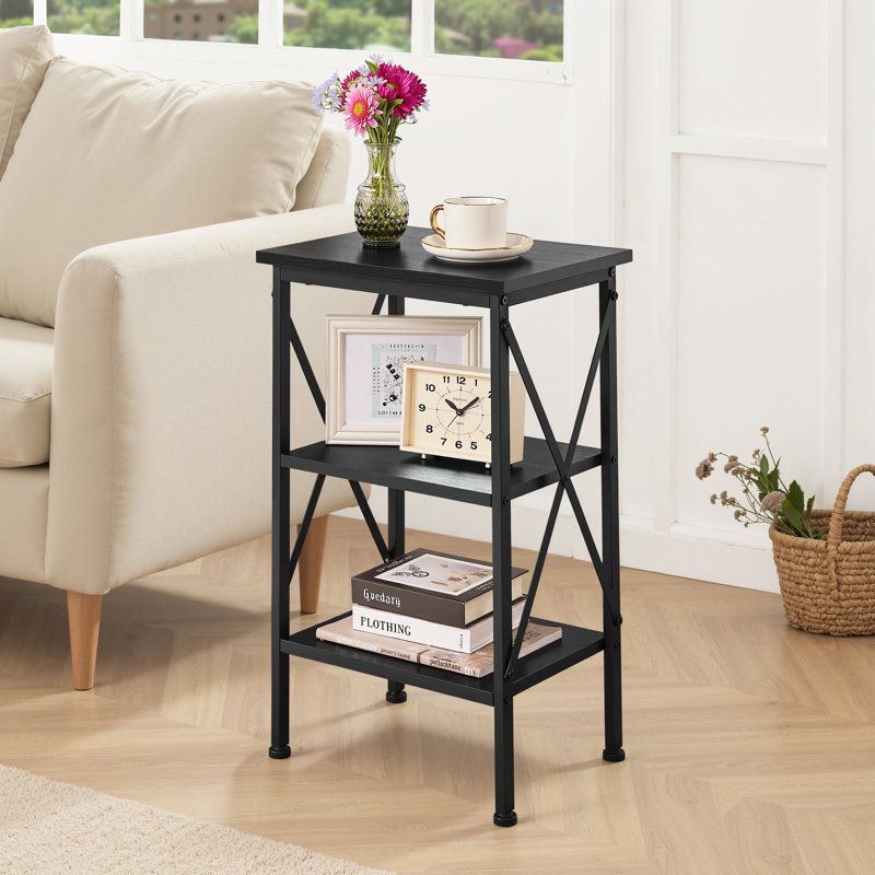 Set of 2 Industrial Black 3-Tier Nightstand – Narrow Bedside Tables with Storage for Bedroom, Living Room, or Small Spaces