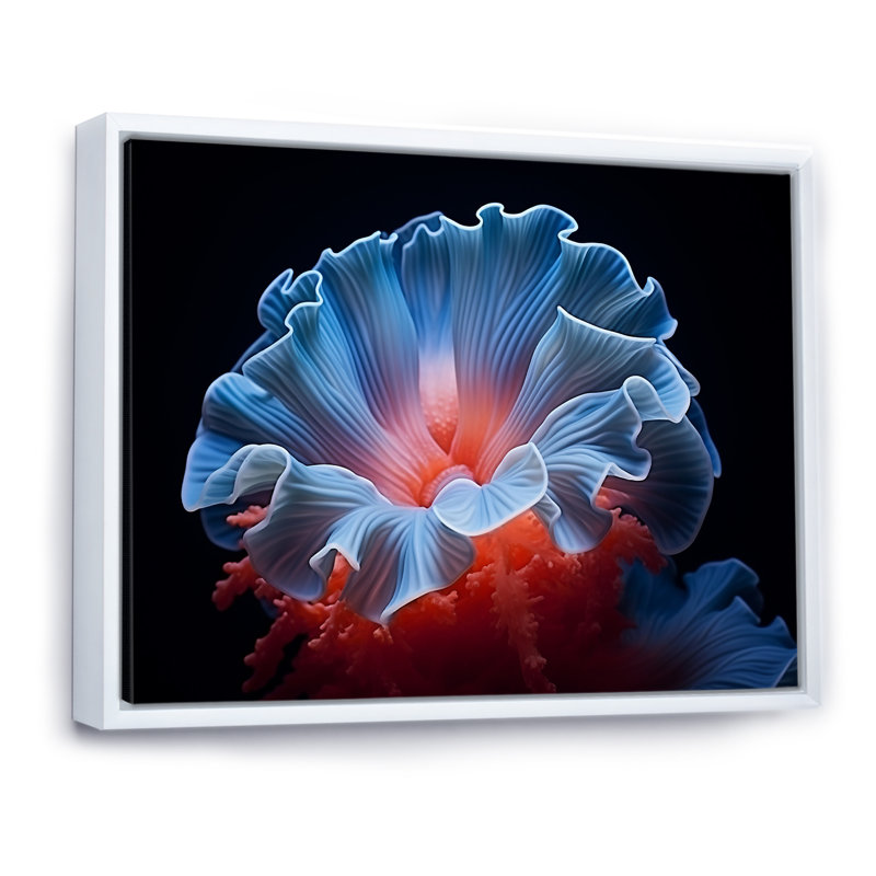 Anémone plumeuse géante bleue et rouge - décoration murale florale, Cadre flottant blanc, H 30 po x l 40 po