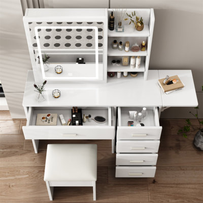 Fashion Vanity Desk With Mirror And Lights For Makeup With Open Shelves And Chair, Vanity Mirror With Lights And Table Set With 3 Color Lighting Brightness Adjustable, 5 Drawers