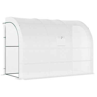 10' X 5' X 7' Lean To Greenhouse, Walk-In House, Plant Nursery With 2 Roll-Up Doors And Windows, PE Cover And 3 Wire Shelves, 