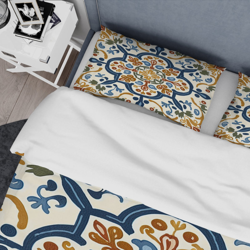 Ensemble de housse de couette à carreaux abstraits de style méditerranéen en bleu rétro IV - Polyester microfibre