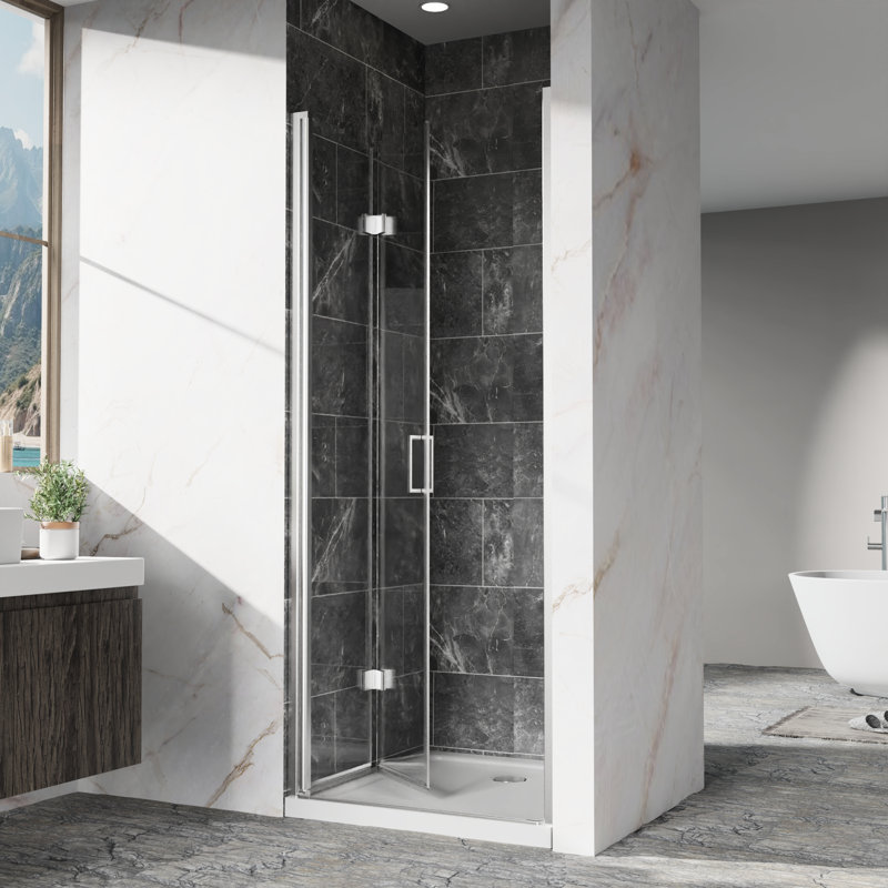 Bi - Fold Swing Pivot Shower Door For Small Bathroom, 30Mm Adjustment, Easy Clean And Waterproof 1/4" (6Mm) Clear Tempered Glass With Zinc Alloy Handles Hinges, Reversible Installation, Silent