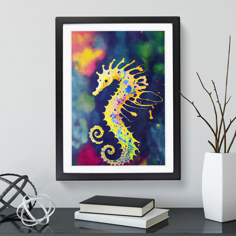 Seahorse Paint Splash No.2 - Single Picture Frame Painting, Black Framed, 46cm H x 34cm W x 2cm D