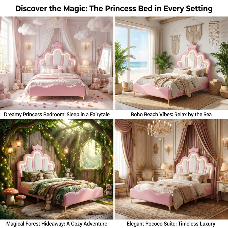 Multi-Sizes Upholstered Princess Bed With Dual-Zone Led, PU Leather Height-Adjustable Headboard, Pink/White (90x190, 90x200, 140x200)
