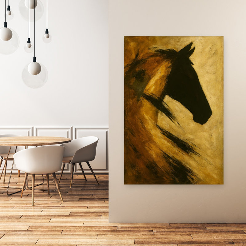 Art doré abstrait cheval contemporain, 48" H x 32" W