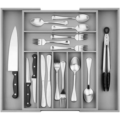 Organisateur de tiroir en bambou - Organisateur à ustensiles extensible et organisateur d'ustensiles, plateau à couverts avec séparateurs, 7 à 9 fentes - Organisateur de tiroir de cuisine de qualité supérieure pour ustensiles et couverts (gris)
