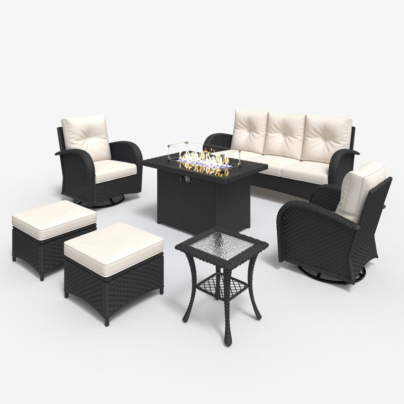 Gainford 7 - Person Outdoor Seating Group with Cushions, Beige, Black