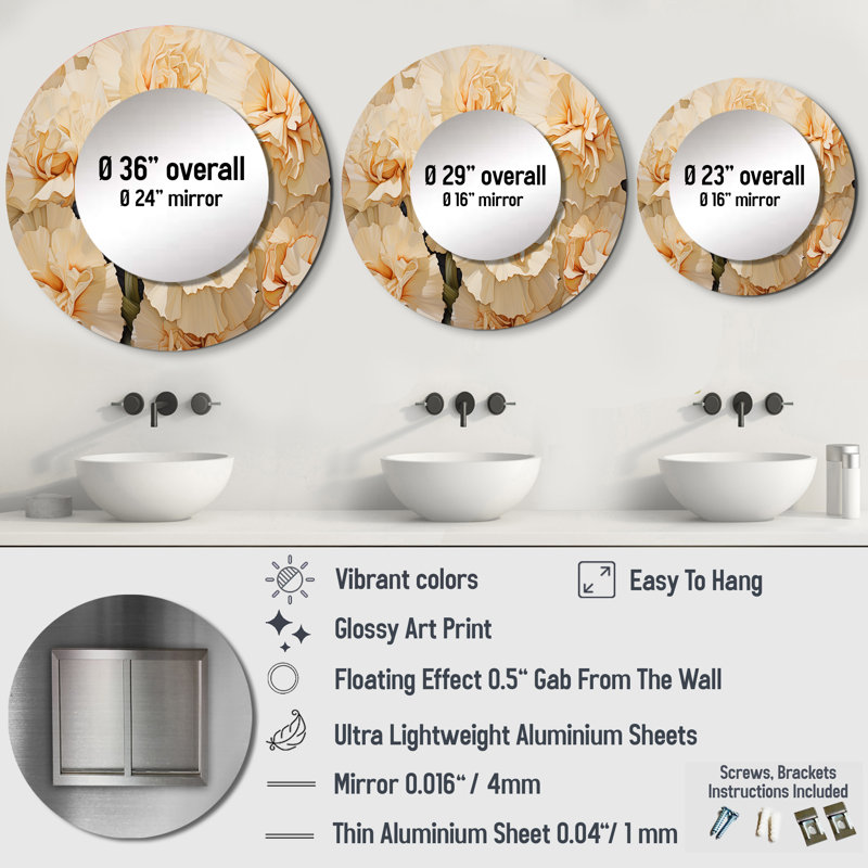 Beige Carnations Arrangement - Carnations Mirror, Beige Round Unique Wall Mirror, Printed Metal Art, 36" x 36"