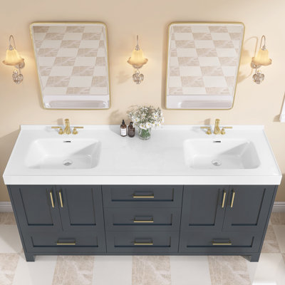 Double Sinks 73'' W X 22'' D Solid Surface White Vanity Top Resin Stone Rectangular Bathroom Sink Countertop with 1.38 in. H Backsplash & Three Pre-drilled Faucet Holes
