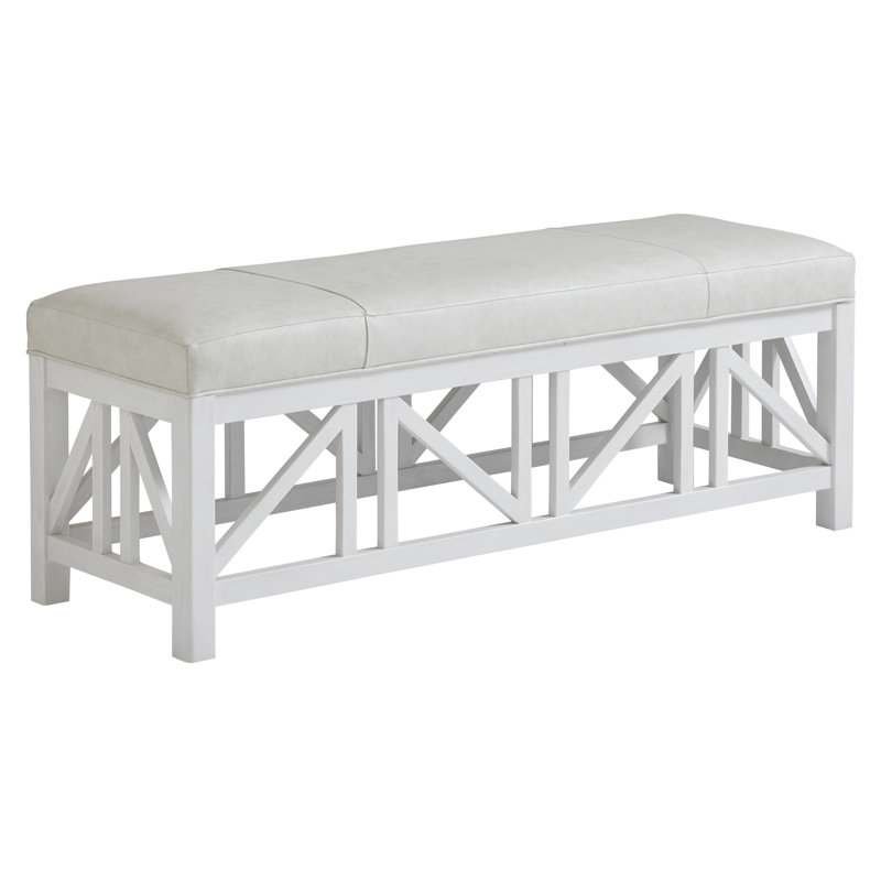 Sophisticated Coastal White Faux Leather & Mahogany Bench