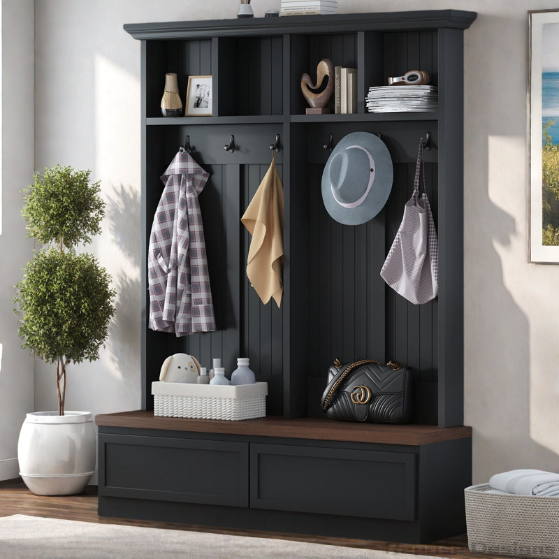 Mudroom Versatile Coat Rack with 2 Large Drawer, Black