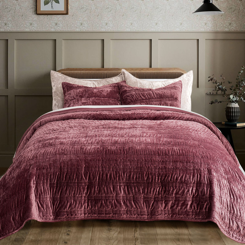 Ruched Crushed Velvet Quilt Set, Burgundy, King Quilt  + 2 King Shams