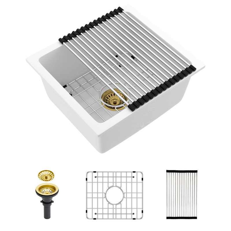 White Quartz Kitchen Sink, Undermount, High - End Material, Quiet And Non Porous, Rounded Corners, Standard Drain, Grid, Template Undermount Thick Smooth Composite, Operation, Strainers, Drying Rack