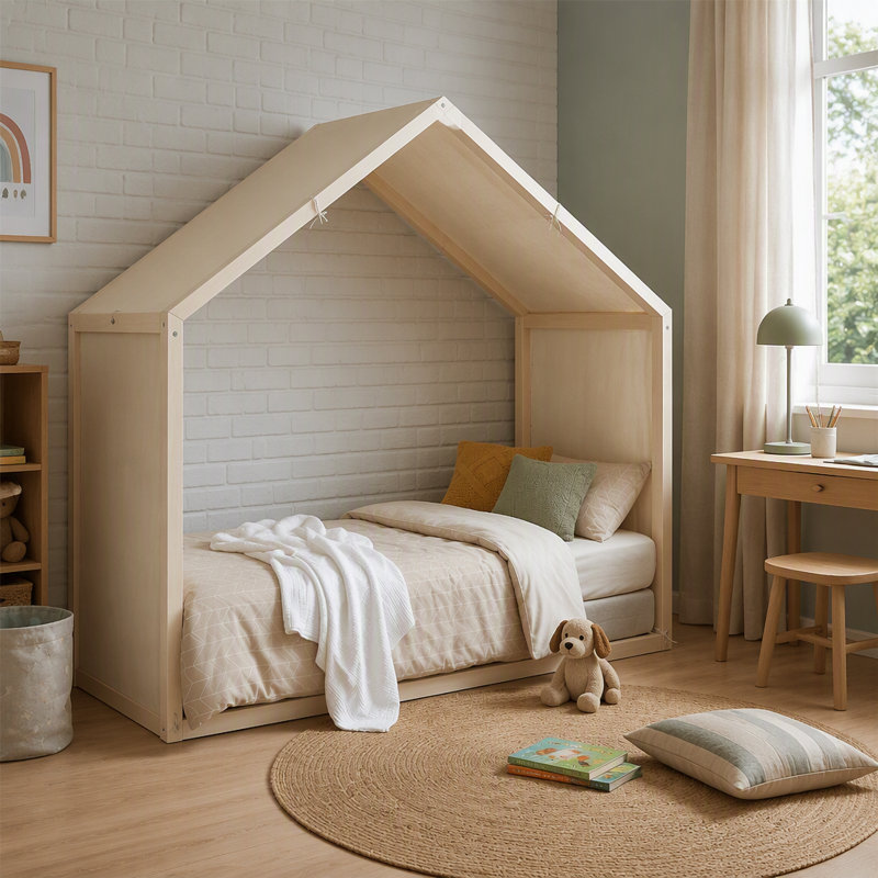 Structure de lit à baldaquin simple blanc antique, panneaux latéraux rembourrés de velours doux avec dessus à baldaquin en lin respirant, lit minimaliste moderne, assemblage facile pour la chambre d'amis