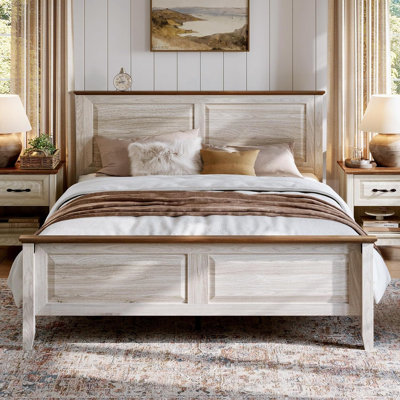 Farmhouse Bed Frame, Bedframe with Headboard and Footboard, Wooden Bed Frame with Wood Slats, Rustic Beige Platform Bed Frames Queen Size, No Box Spring Needed
