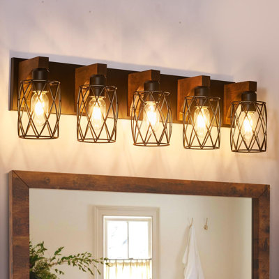 5-Light Industrial Farmhouse Wood and Black Metal Vanity Light with Mesh Metal Shades