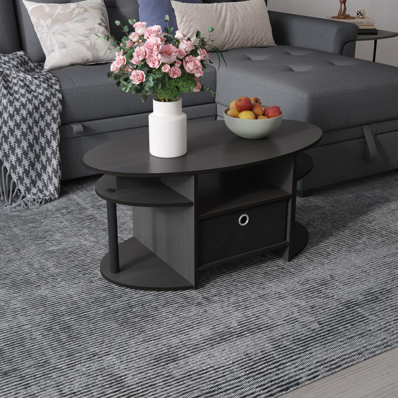 Modern Wood Storage Tea Table Coffee Table with Shelves & Bin Drawer for Small Space Living Room, Walnut