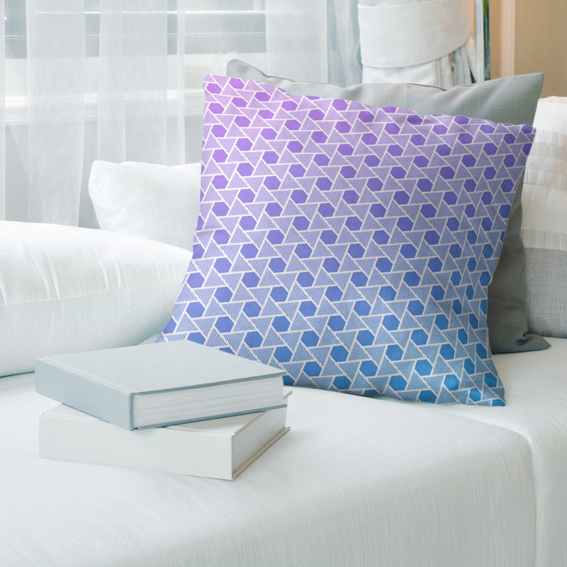 Coussin décoratif hexagonales et triangles, 14 po x 14 po, Pas de bourre, Mauve / Bleu