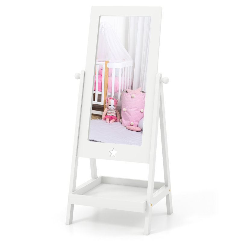 Full Length Mirror For Kids Freestanding Dressing Mirror With Storage Shelf & Foldable Fabric Storage Bin