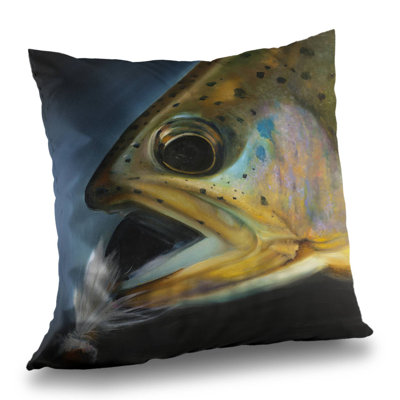 Golden Trout Fly Fishing Pillow | Living Room Green – Poly Twill Throw Pillow with Insert, Double-Sided Print