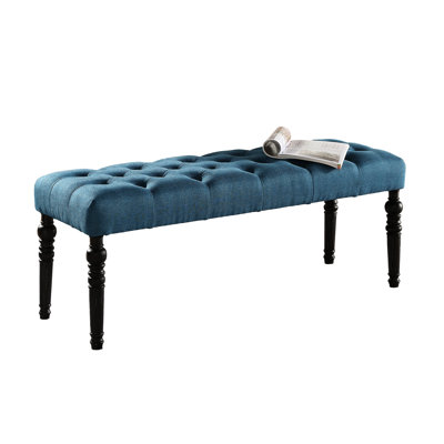 Fabric Bench, Blue - Solid Wood Frame & Turned Legs For Dining, 48"W X 16"D 19.5"H Leg Bench Interior Design , Wood, 48W 16D 19.5H In