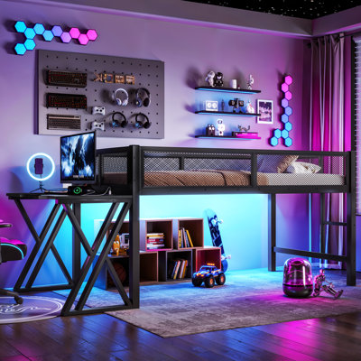 Lit simple mezzanine en métal noir avec bureau pour garde-corps en filet