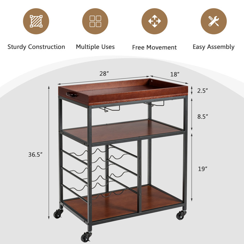 Ekkehard 3 Tiers Storage Serving Bar Cart with Wine Rack