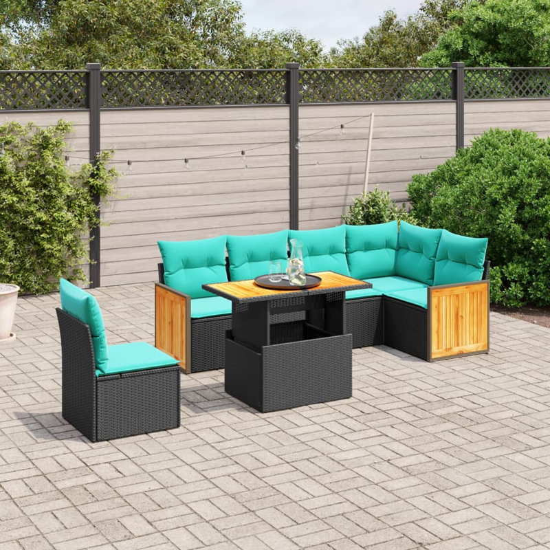  Ensemble de canapé de patio 7 pièces avec coussins en rotin de polyester, Noir, Vert