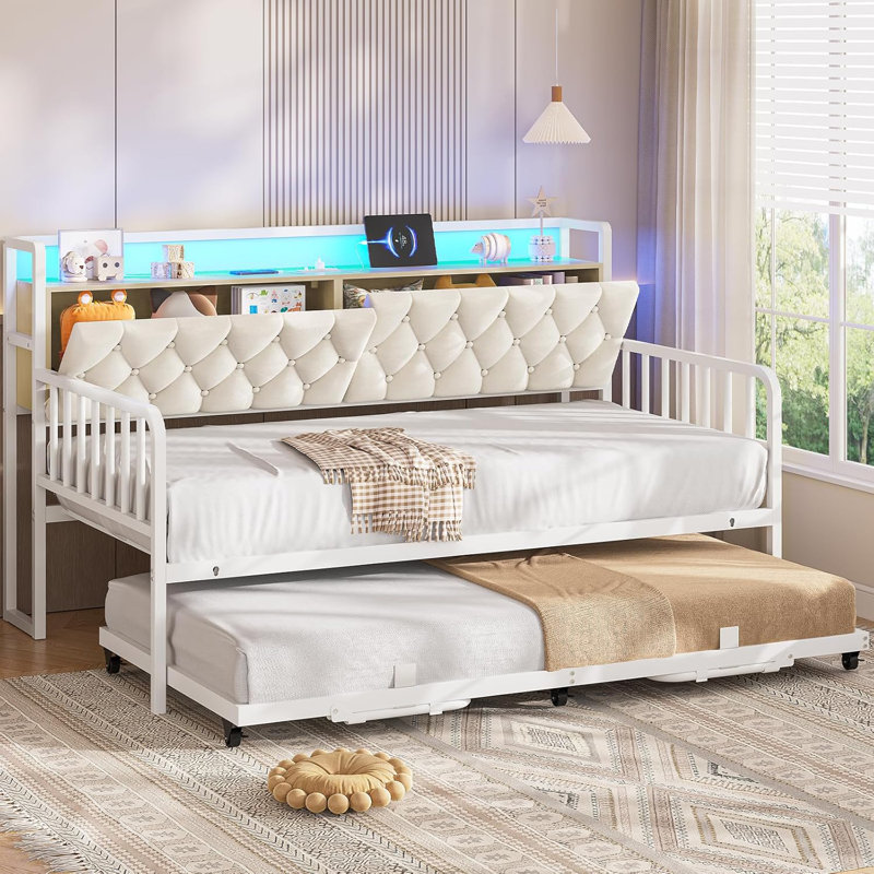 Upholstered Sofa Bed Frame, Twin Day Bed With Charging Station & Led Lights, Metal Trundle Bed Twin With Hidden Storage Headboard