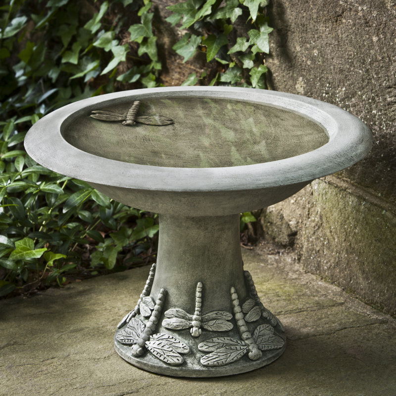 Dragonfly Concrete Pedestal Birdbath, Alpine Stone