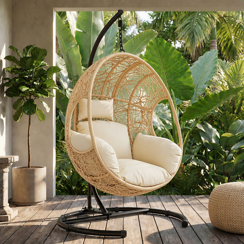 Fauteuil à œufs suspendu en osier naturel avec support et coussins beiges Natural