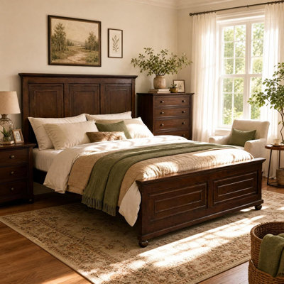 Farmhouse Queen Platform Bed with Tall Panel Headboard & Footboard, USB Charging Station, Wood Slat Support, No Box Spring Needed, Rich Brown