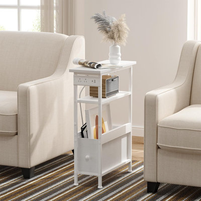 Narrow Side Table With Charging Station And LED Light, End Table With 1 Fabric Drawer, Skinny Nightstand With USB Ports & Type-C, Slim Bedside Table For Bedroom, Living Room, White