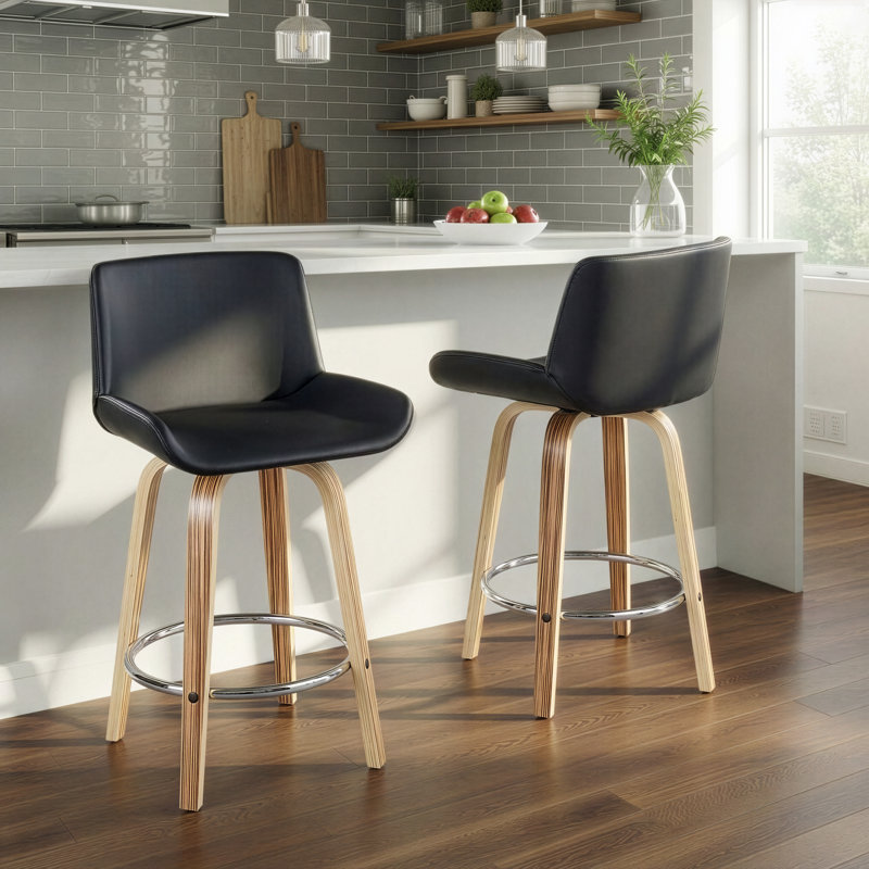 Rondell 25" Fixed-Height Counter Stools with Round Built-In Footrests, Black, Counter Stool (25” Seat Height)
