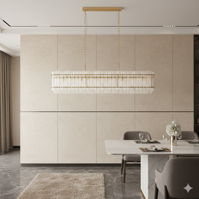 Un lustre rectangulaire moderne en verre de cristal avec 10 lumières et une finition dorée. Ce luminaire suspendu contemporain convient aux salles à manger, aux salons et aux îlots de cuisine.