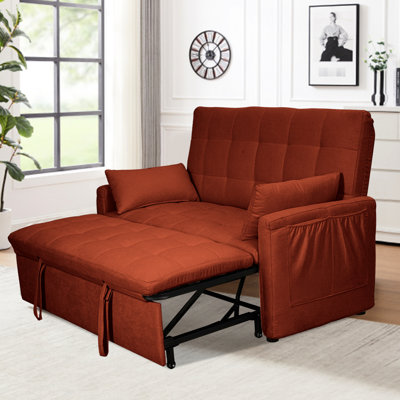 61 - Inch Bed For Office, Guest Room, Living With Reinforced Iron Frame, Side Storage, Adjustable , Red Linen And Burlap, High Density Foam 2 In 1 Convertible Dimensions, Structure, Upholstery,