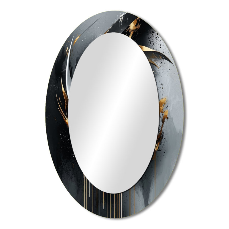 Black And Gold Abstract Shapes And Lines I - Modern Oval Wall Mirror, 36" x 24"
