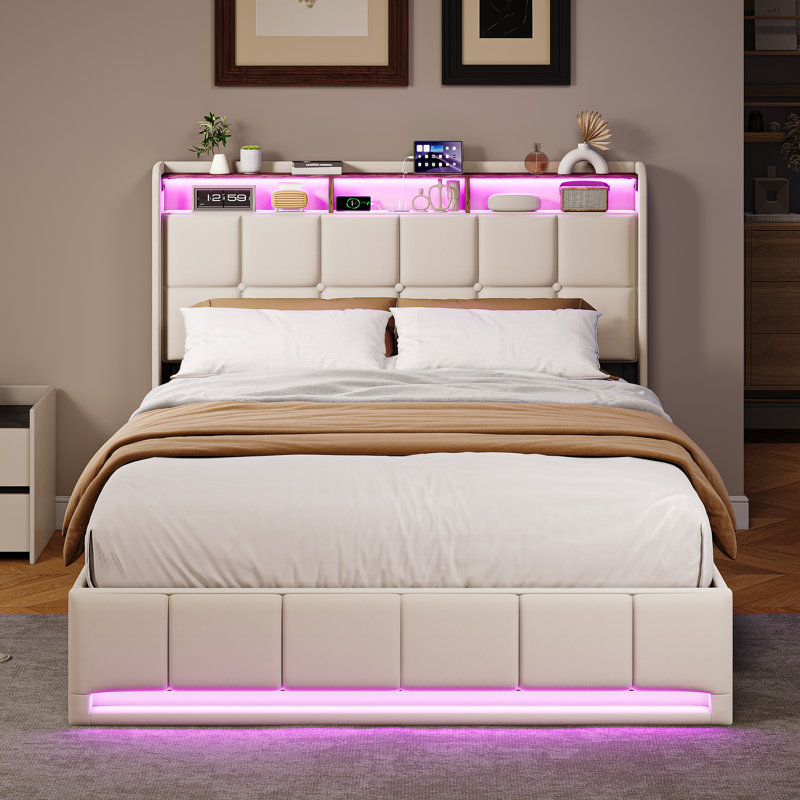 Upholstered Ottoman Storage Bed, Beige, European Double (140 x 200 cm)