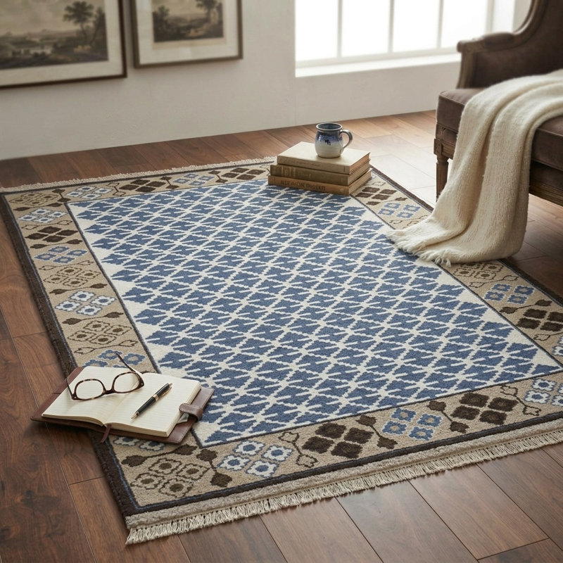 Tapis d'intérieur rectangulaire oriental en laine nouée à la main, bleu et beige