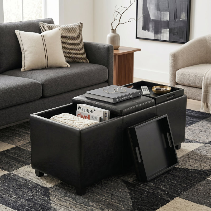 Avalon 42"W Upholstered Contemporary Rectangular Flip-Top Storage Ottoman with Hidden Storage, Midnight Black Faux Leather