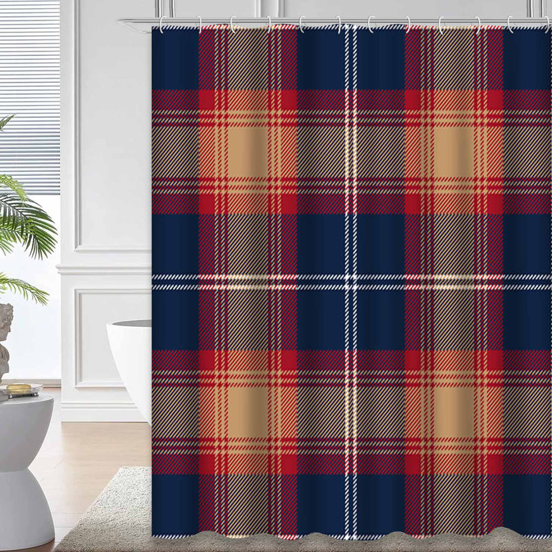 Rideau de douche rouge / beige / tartan / bleu avec 12 crochets, L 72 po x l 84 po