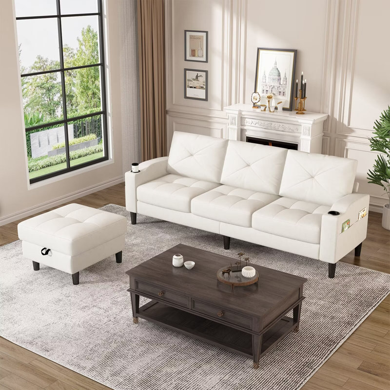 Canapé modulaire rembourré de 78 po avec méridienne Kimberlei, Tissu lin beige, Mousse à mémoire de forme