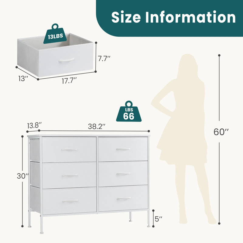 6-drawer Fabric Dresser Storage Tower With Wood Top And Metal Frame, Chest Of Drawers For Bedroom Closet Nursery, Tv Stand With Anti-tip Safety