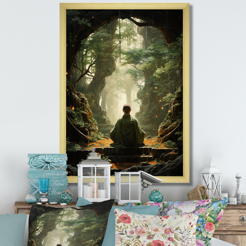 Art bouddhiste vert sur toile vert bouddhiste, L 16 po x H 32 po, Encadrement doré