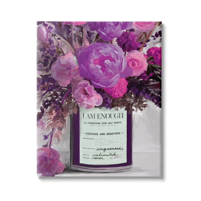 «I Am Enough Inspirational phrase mauve, fleurs roses, art mural surdimensionné sur toile tendue par Kamdon Kreations