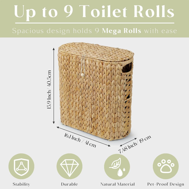  Rangement pour papier hygiénique Water Hyacinth avec couvercle pouvant contenir jusqu'à 9 méga rouleaux