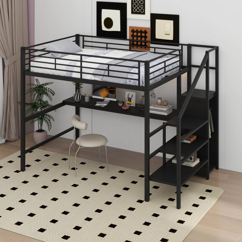 Lit mezzanine double en métal avec garde-robe et lumière DEL