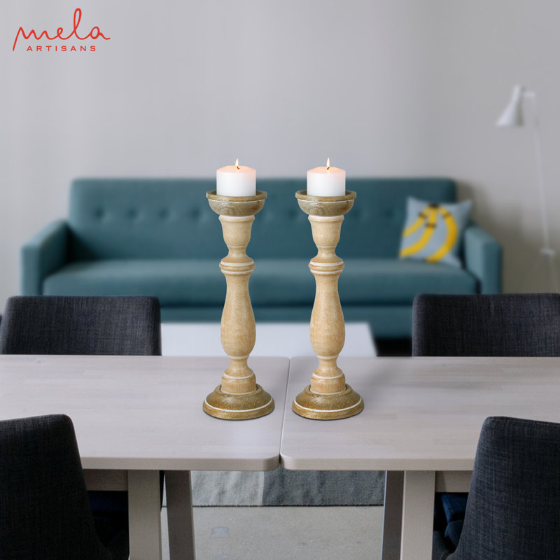 12'' H Solid Wood Tabletop Candlestick, White Wash