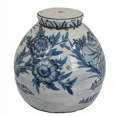 Pot décoratif gingembre avec couvercle, céramique bleue et blanche, motif floral