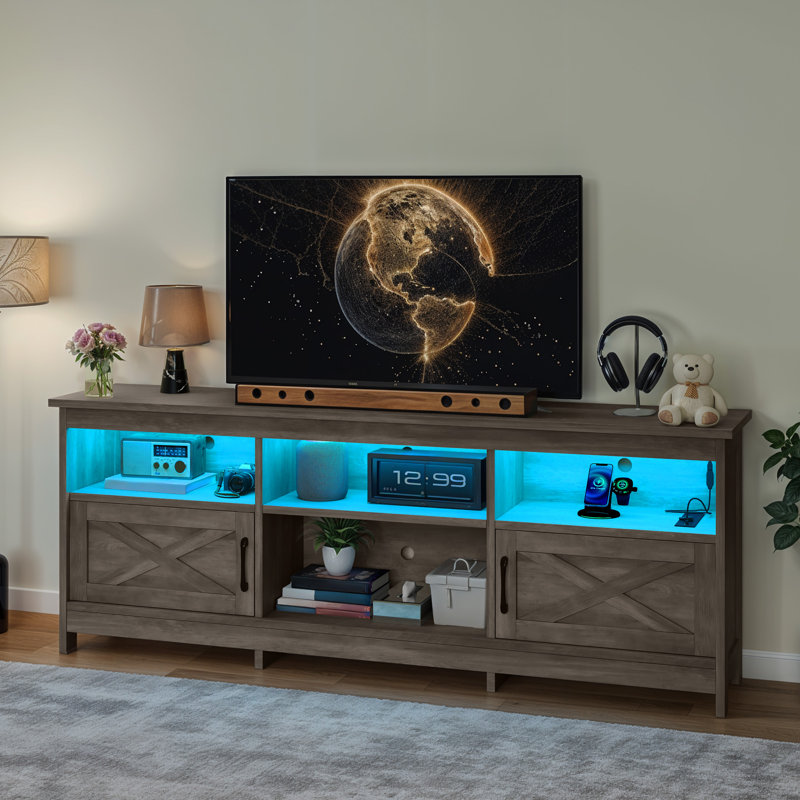 Farmhouse TV Stand For Up To 80 Inch Tvs With LED Lights, Storage Cabinets, Open Shelves & Adjustable Shelf, Gray Wood